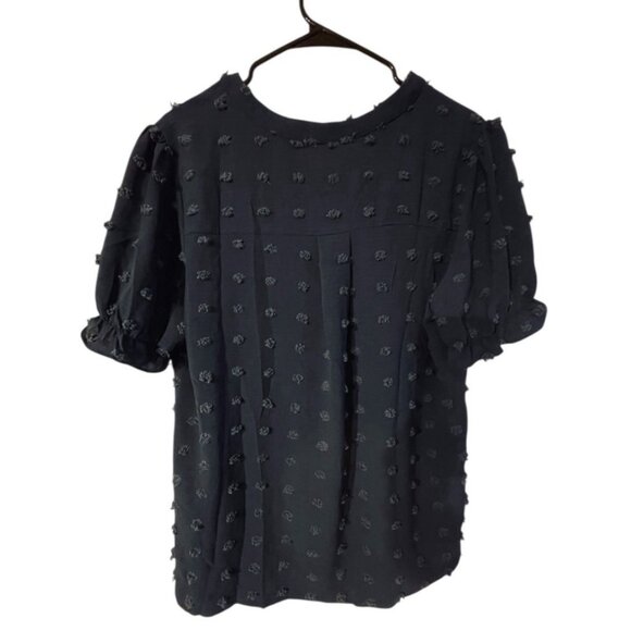 Merokeety Womens Blouse Navy Swiss Pom Pom Dot Short Sleeve Tunic Top Size L - Picture 4 of 13